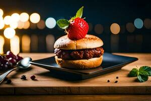 uma Hamburger com uma morango em topo. gerado por IA foto