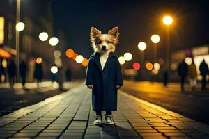 uma cachorro vestindo uma casaco e em pé em uma rua às noite. gerado por IA foto