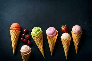 diferente sabores do gelo creme dentro cones em uma Preto fundo. gerado por IA foto