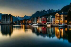 a cidade do fjell dentro Noruega às crepúsculo. gerado por IA foto