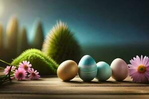 Páscoa ovos em uma de madeira mesa com flores gerado por IA foto