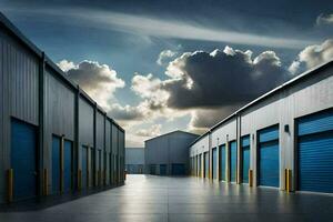 uma armazenamento instalação com azul portas e uma nublado céu. gerado por IA foto