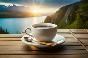 uma copo do café em uma de madeira mesa com uma Visão do uma lago e montanhas. gerado por IA foto