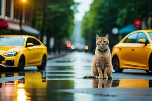 uma gato sentado em a molhado estrada Próximo para amarelo Táxis. gerado por IA foto