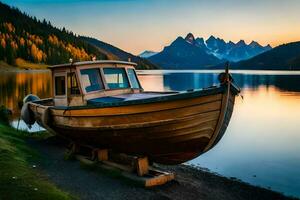 uma barco senta em a costa do uma lago às pôr do sol. gerado por IA foto