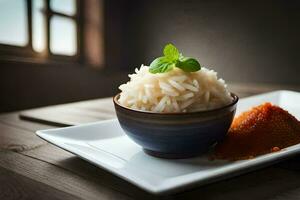 uma prato com arroz e uma pequeno tigela do molho. gerado por IA foto