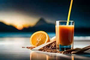 uma vidro do laranja suco com uma Palha e uma fatia do laranja. gerado por IA foto
