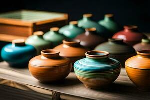 uma linha do colorida vasos em uma mesa. gerado por IA foto