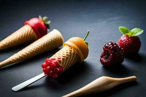 gelo creme cones com bagas e fruta em uma Preto superfície. gerado por IA foto