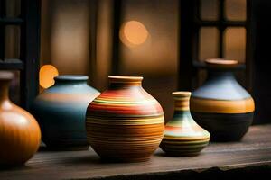 uma linha do colorida vasos em uma de madeira prateleira. gerado por IA foto