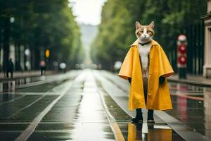 uma gato vestido dentro uma amarelo capa de chuva em pé em uma molhado rua. gerado por IA foto