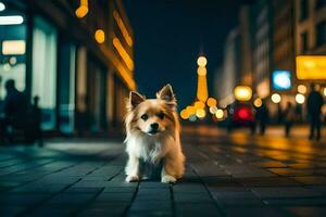 uma pequeno cachorro é em pé em uma rua às noite. gerado por IA foto