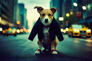 uma cachorro vestindo uma Jaqueta e gravata sentado em a rua. gerado por IA foto