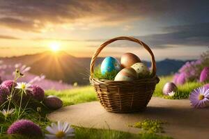 Páscoa ovos dentro uma cesta em uma ensolarado dia. gerado por IA foto