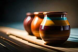 três colorida vasos sentar em uma de madeira mesa. gerado por IA foto
