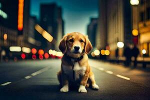 uma cachorro sentado em a rua às noite. gerado por IA foto