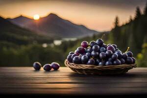 uvas dentro uma cesta em uma de madeira mesa com montanhas dentro a fundo. gerado por IA foto