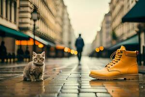 uma gato e uma amarelo bota em uma chuvoso rua. gerado por IA foto