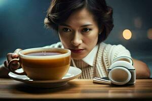 uma mulher segurando uma copo do chá e uma colher. gerado por IA foto