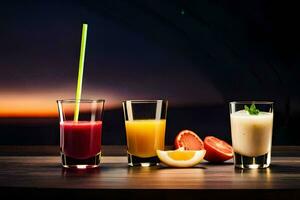 três diferente tipos do sucos e fruta em uma mesa. gerado por IA foto