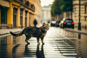 uma gato caminhando através uma molhado rua dentro a cidade. gerado por IA foto