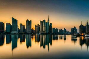 a cidade Horizonte às pôr do sol dentro dubai. gerado por IA foto