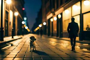 uma homem e dele cachorro andar baixa uma rua às noite. gerado por IA foto