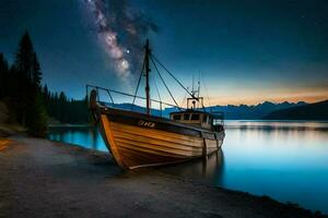 uma barco senta em a costa do uma lago às noite. gerado por IA foto