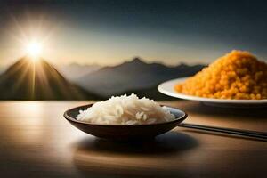 a arroz é servido com uma tigela do legumes e uma tigela do pauzinhos. gerado por IA foto