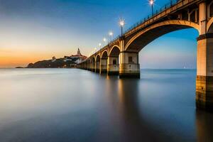 uma grandes exposição fotografia do uma ponte sobre a oceano. gerado por IA foto