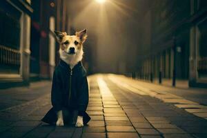 uma cachorro sentado em a rua dentro uma Sombrio beco. gerado por IA foto