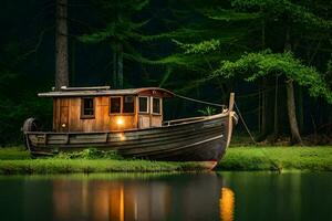 uma barco senta em a costa do uma lago às noite. gerado por IA foto