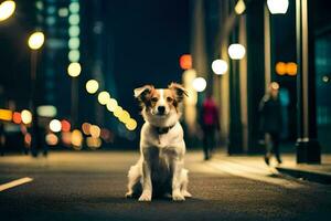 uma cachorro sentado em a rua às noite. gerado por IA foto