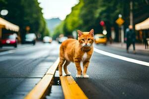 a laranja gato é caminhando através uma rua. gerado por IA foto