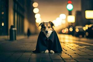 uma cachorro vestindo uma capa em a rua às noite. gerado por IA foto