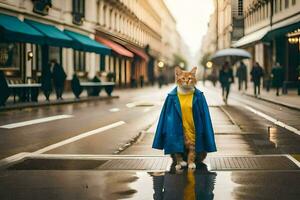 uma gato dentro uma capa de chuva em pé em uma rua. gerado por IA foto