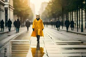 uma Raposa vestindo uma amarelo capa de chuva caminhando baixa uma rua. gerado por IA foto