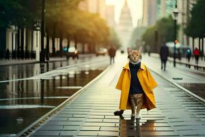 uma gato dentro uma amarelo capa de chuva caminhando baixa uma rua. gerado por IA foto