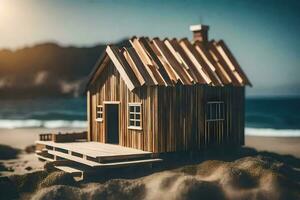 uma pequeno de madeira casa em a de praia com a oceano dentro a fundo. gerado por IA foto