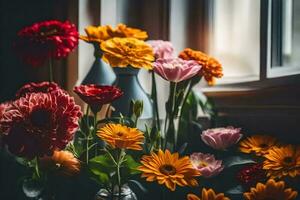 flores dentro vasos em uma peitoril da janela. gerado por IA foto