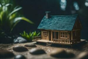 uma miniatura casa dentro a madeiras. gerado por IA foto