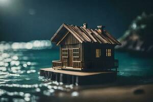 uma miniatura de madeira casa em uma pequeno ilha dentro a oceano. gerado por IA foto