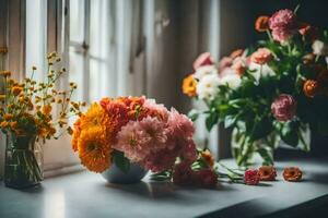 flores dentro vasos em uma peitoril da janela. gerado por IA foto