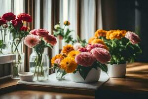 flores dentro vasos em uma peitoril da janela. gerado por IA foto