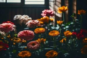 flores dentro uma quarto com uma janela. gerado por IA foto