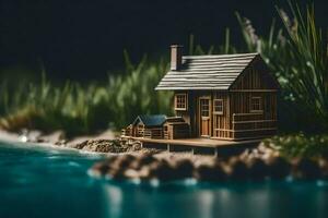 miniatura de madeira casa em a costa do a rio. gerado por IA foto