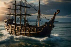 uma pirata navio dentro a oceano. gerado por IA foto