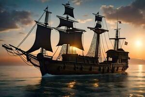 uma pirata navio é Navegando dentro a oceano às pôr do sol. gerado por IA foto