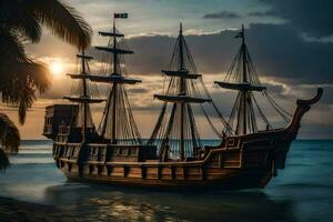 uma pirata navio é ancorado em a de praia às pôr do sol. gerado por IA foto