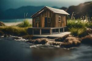 uma pequeno de madeira casa senta em uma pequeno ilha. gerado por IA foto